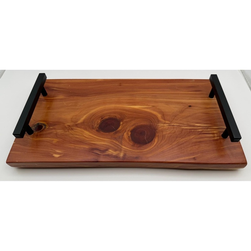Rustic Live Edge Cedar Wood Serving Tray Matte Black Metal Handles Charcuterie